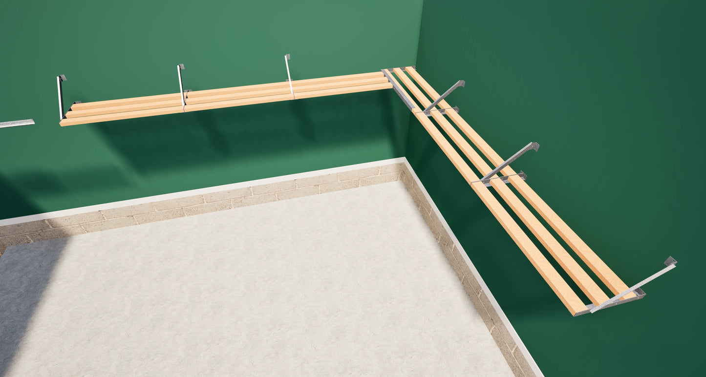Top Tier Shelving Company's 20-inch shelf forming a corner shelf in a garage for storage and organization.