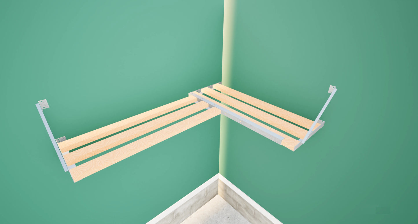 Garage storage shelving that is heavy duty and forms a corner which utilizes the space efficiently