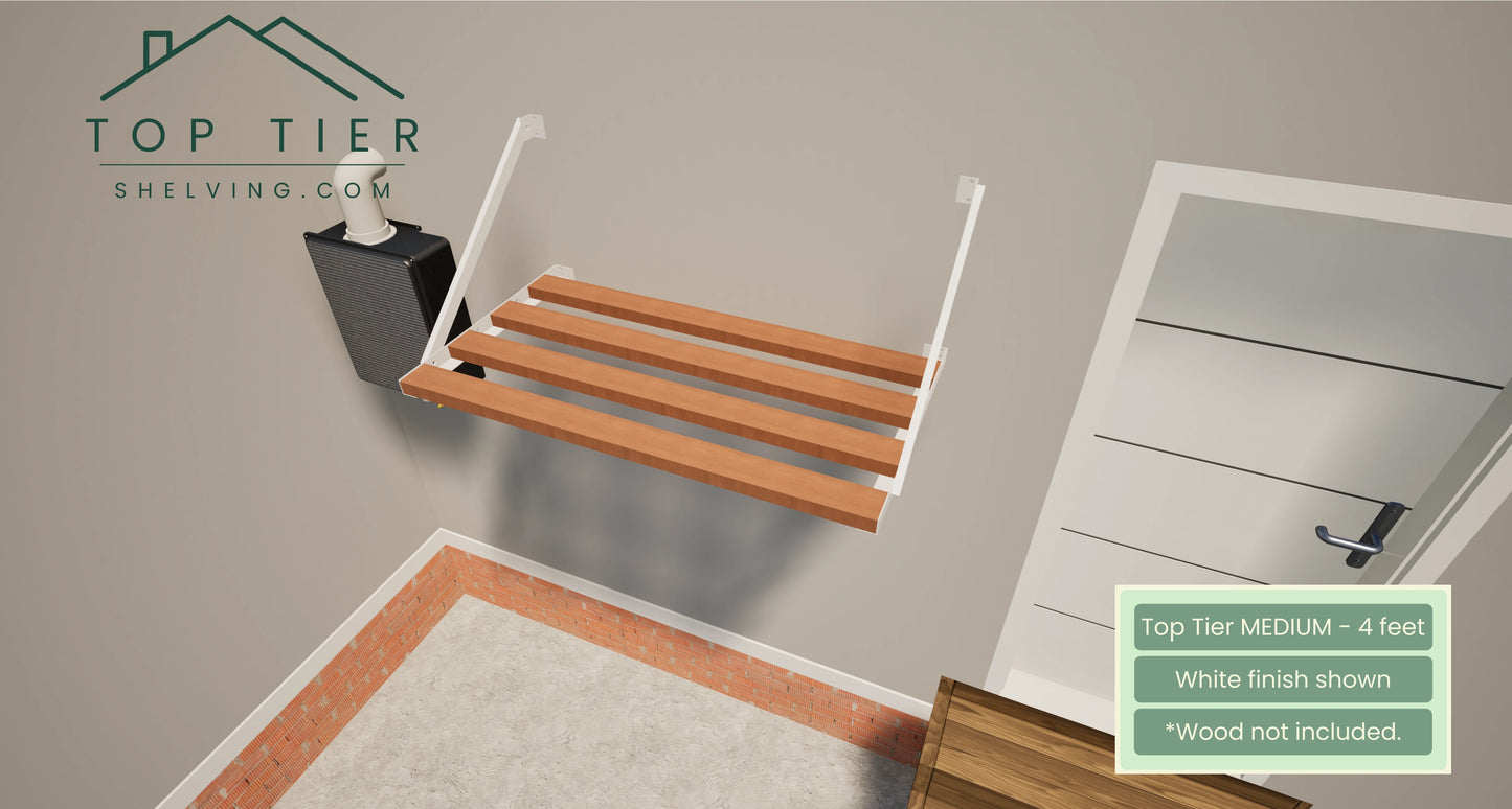 Heavy-duty wall-mounted garage shelving with no-sag support for heavy 27-gallon plastic bins