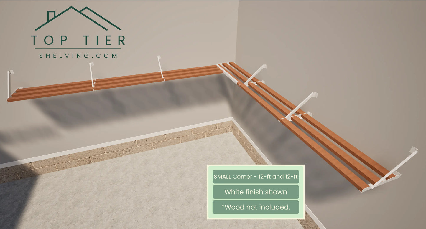 Top Tier Shelving Company Small Corner Garage Storage Shelf 12 feet and 12 feet white finish