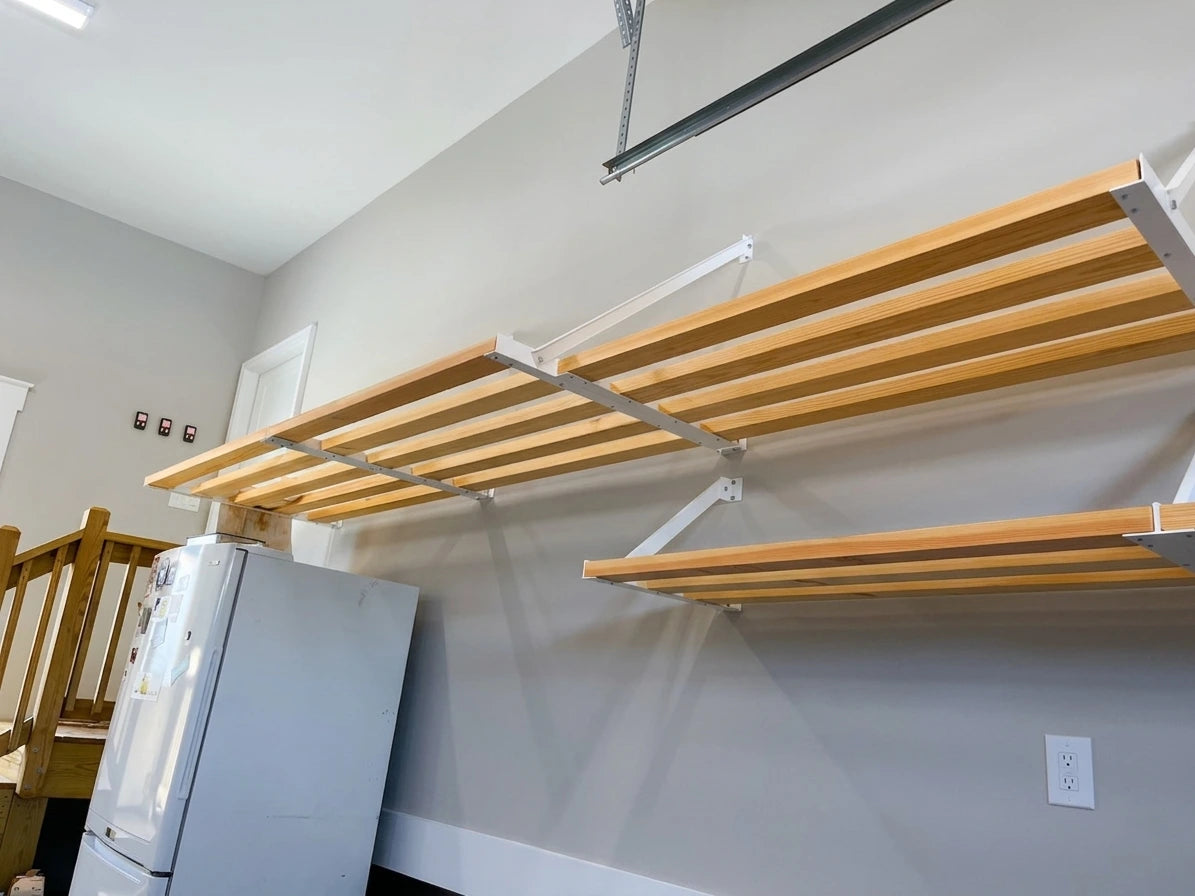 Adaptive depth garage shelving system by Top Tier Shelving Co and installed by TWI Cabinets