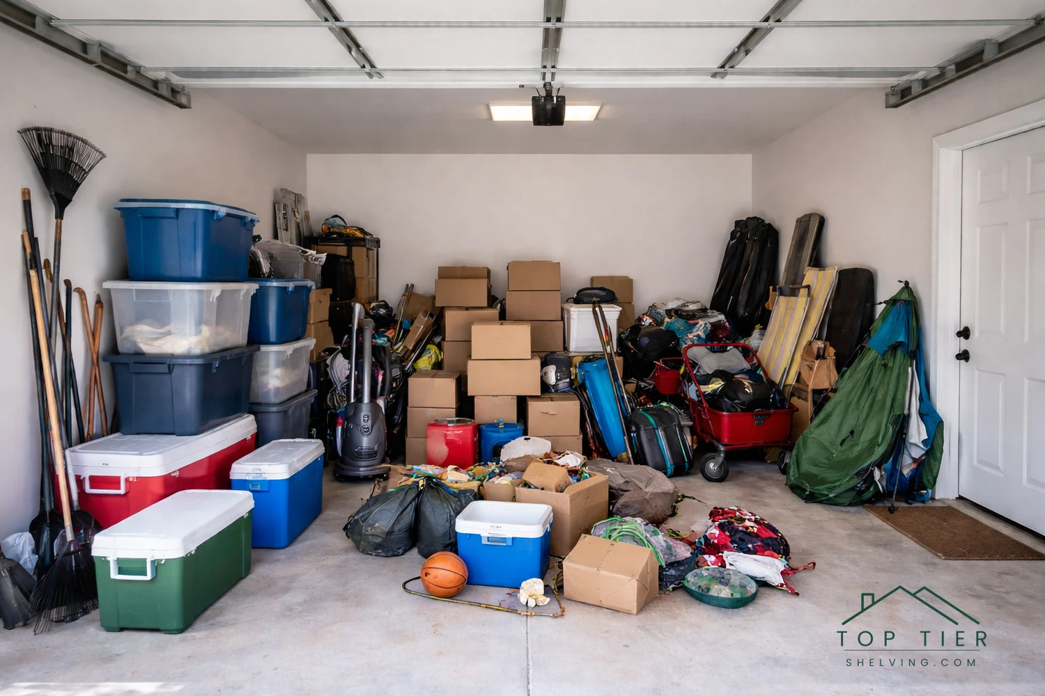 cluttered suburban garage in Apex NC with storage bins boxes and coolers on the floor