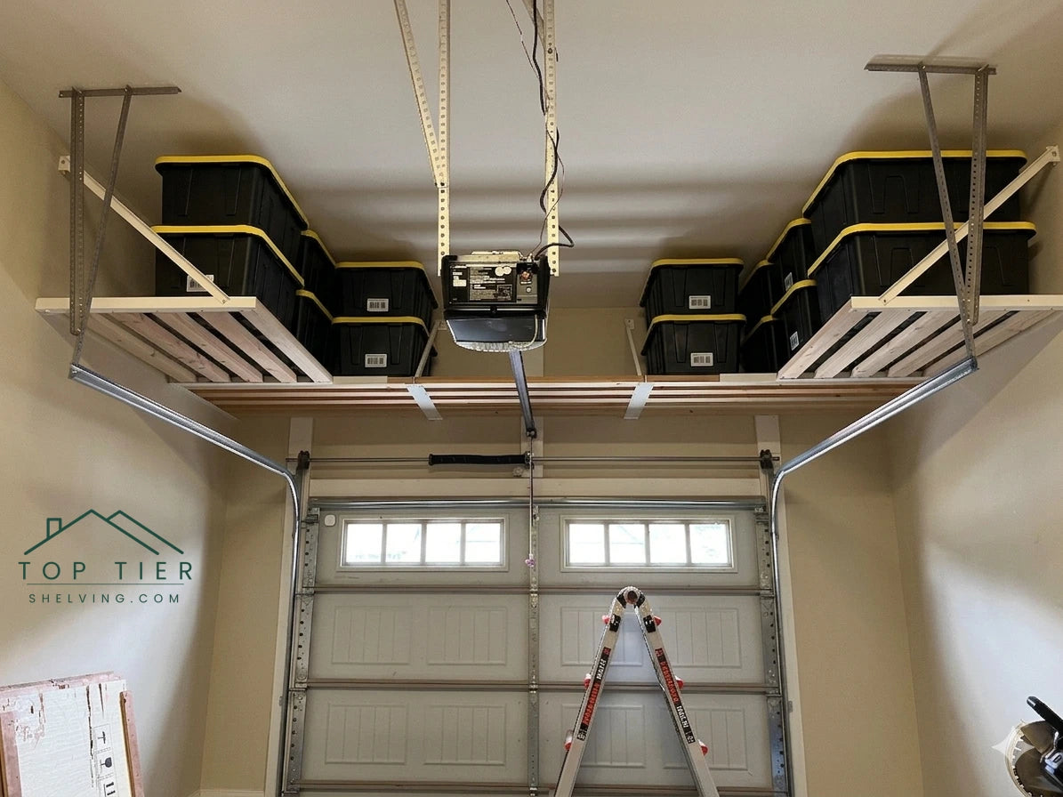 Garage shelving installed above garage door Raleigh NC