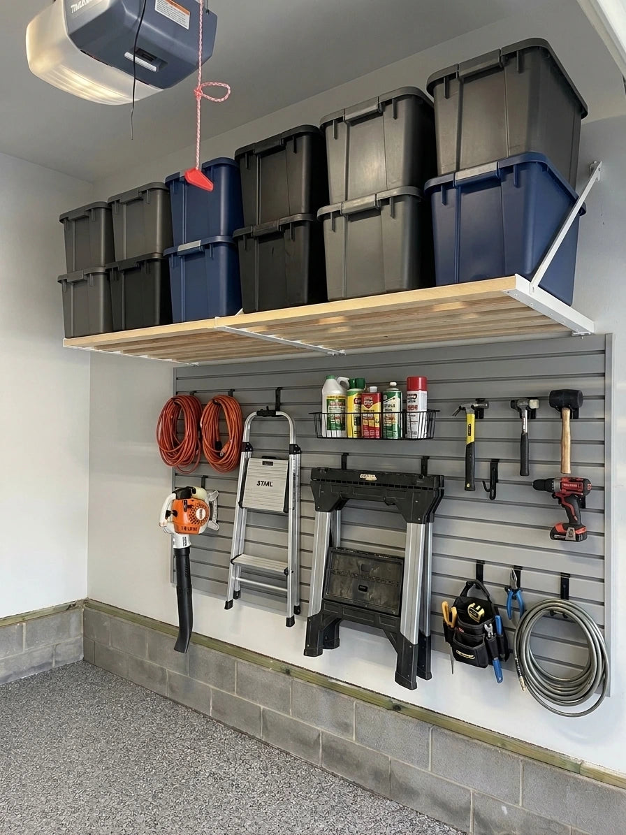 garage slatwall system installed beneath top tier shelving in an organized garage