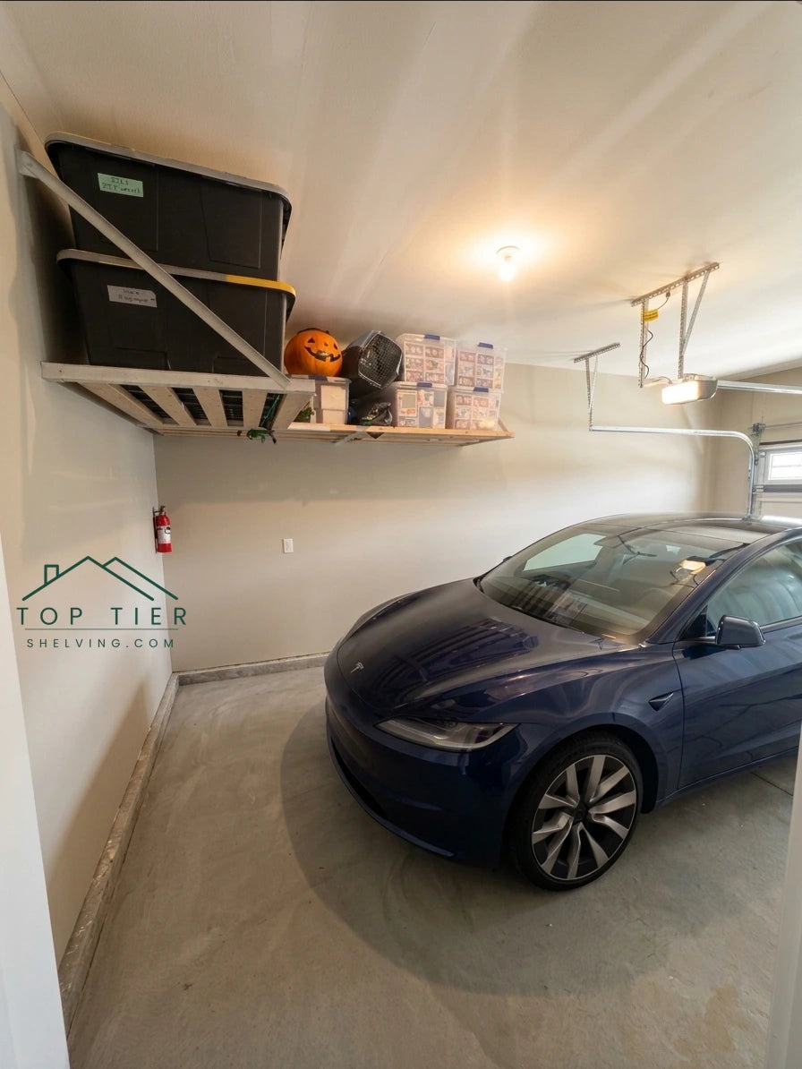 Organized garage storage solution for Garner NC family home tell model y
