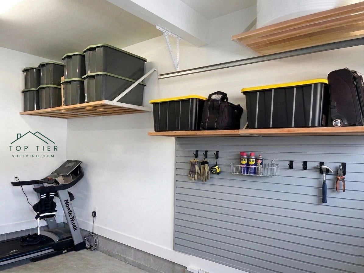 an organized garage in garner nc with room for parking and a treadmill with garage shelves from Top Tier Shelving Co