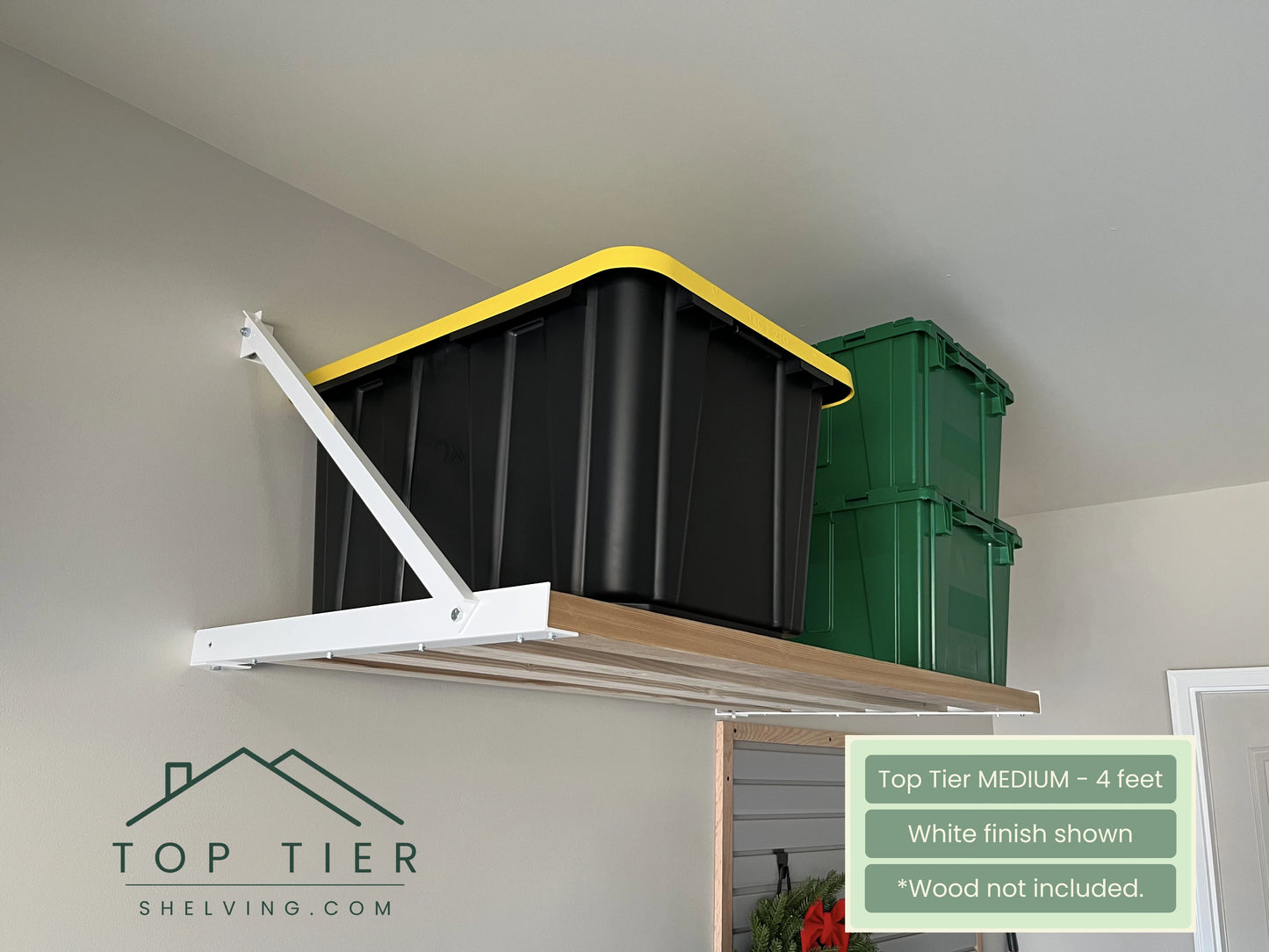 heavy-duty wall-mounted garage storage shelving that is perfect for 27-gallon stackable storage totes black and yellow from top tier shelving company.