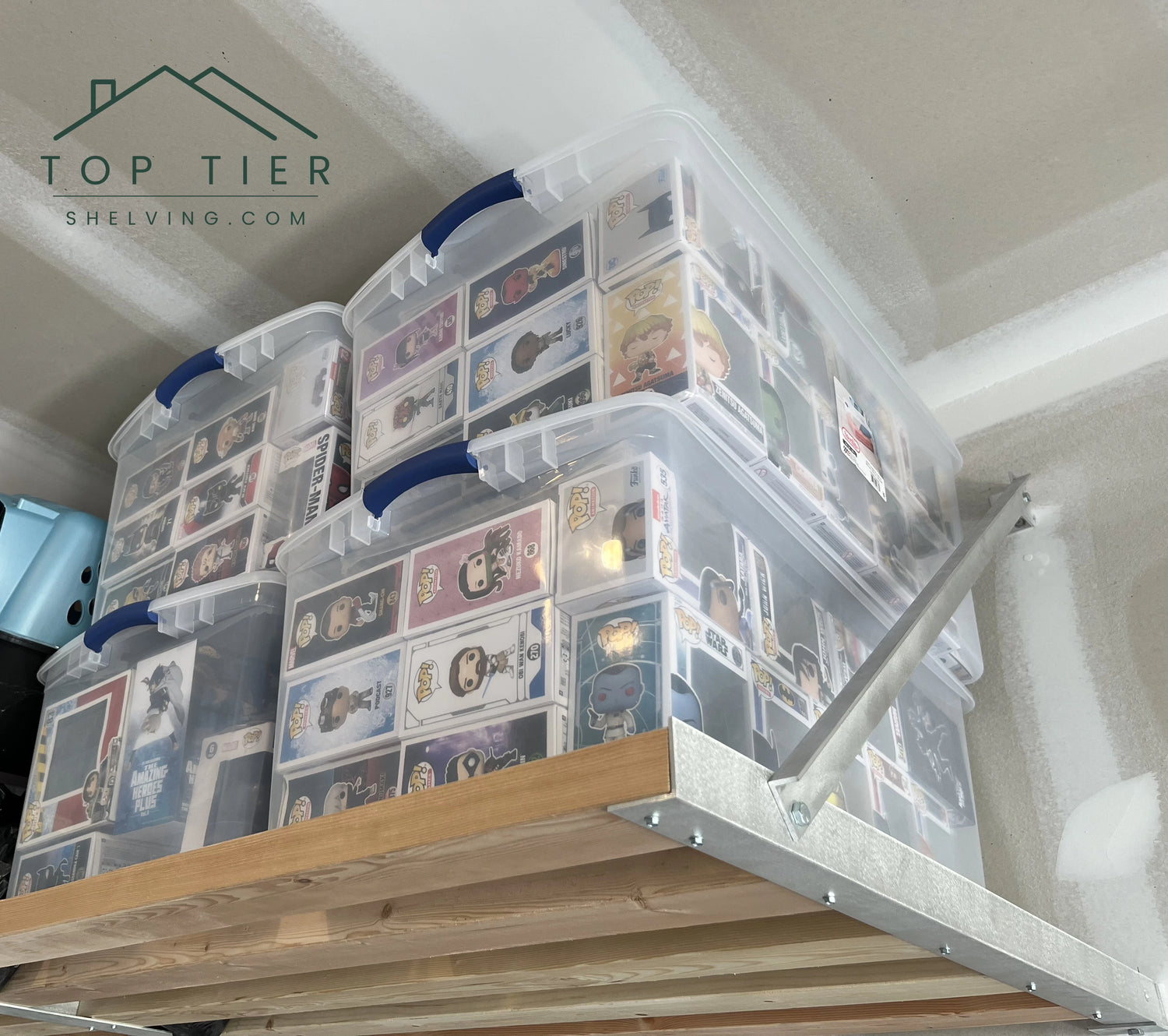 stack heavy-duty totes on top tier garage storage shelving that is installed in cary nc