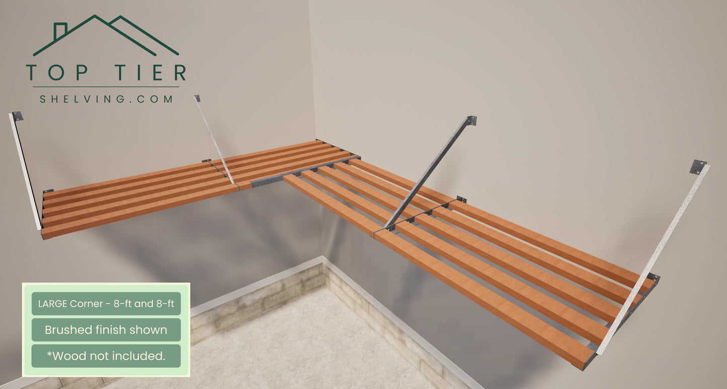 Top Tier Shelving Company Large Corner Garage Storage Shelf 8 feet and 8 feet brushed finish