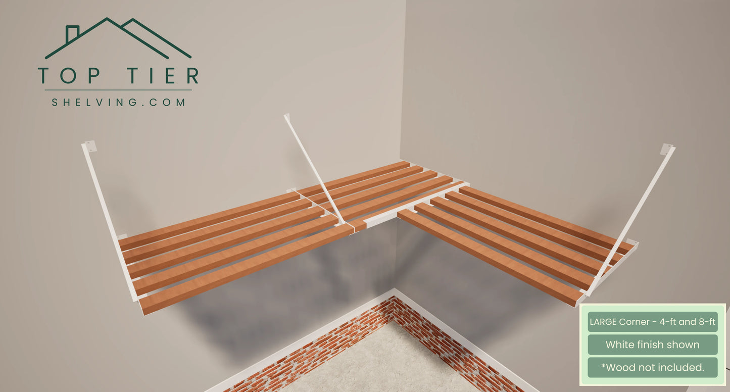 Top Tier Shelving Company Large Corner Garage Storage Shelf 4 feet and 8 feet white finish