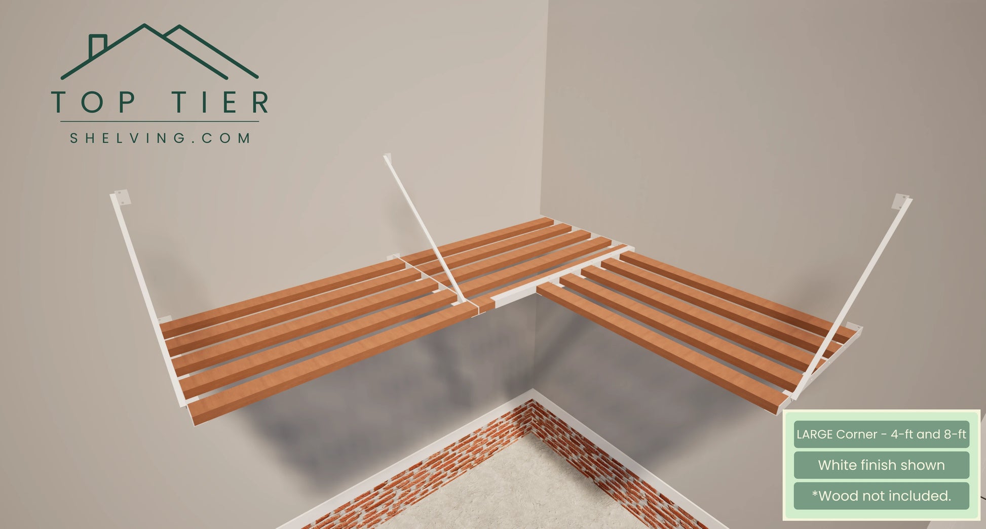 Top Tier Shelving Company Large Corner Garage Storage Shelf 4 feet and 8 feet white finish