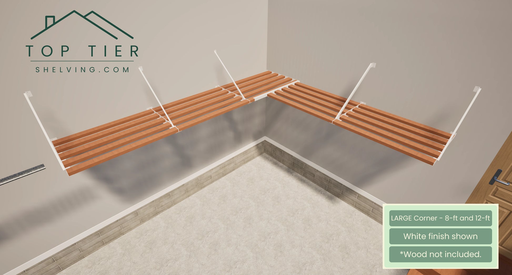 Top Tier Shelving Company Large Corner Garage Storage Shelf 8 feet and 12 feet white finish