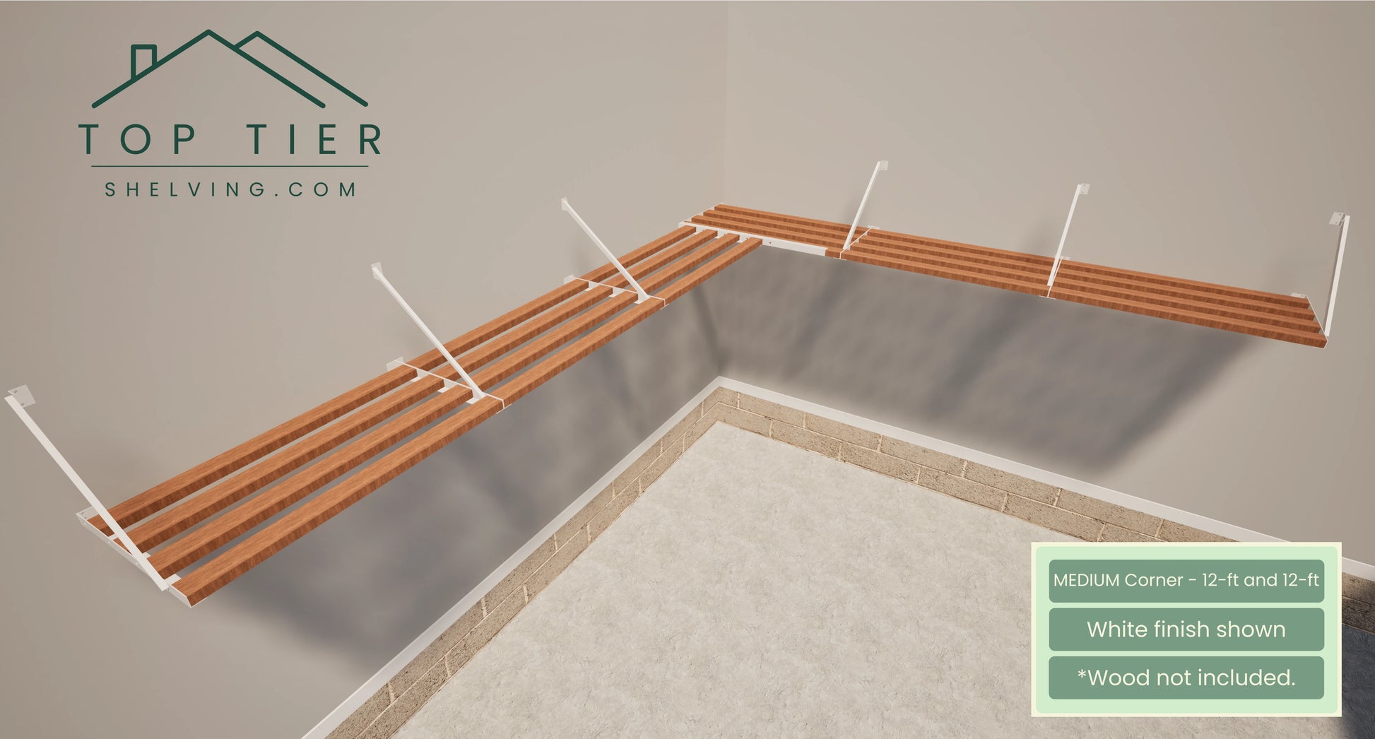 Top Tier Shelving Company Medium Corner Garage Storage Shelf 12 feet and 12 feet white finish