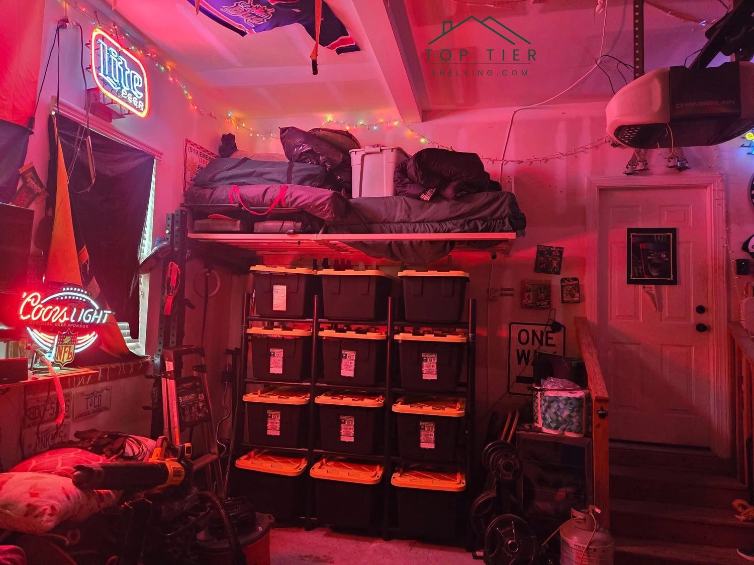 garage shelving combined with floor mounted rack for unmatched storage volume