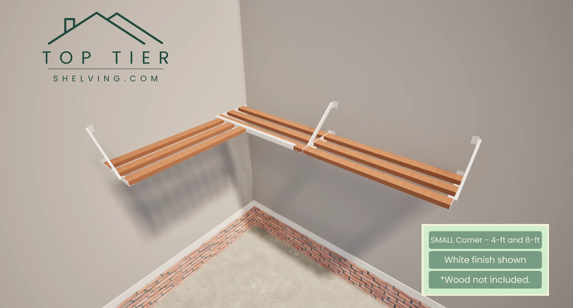 Top Tier Shelving Company Small Corner Garage Storage Shelf 4 feet and 8 feet white finish