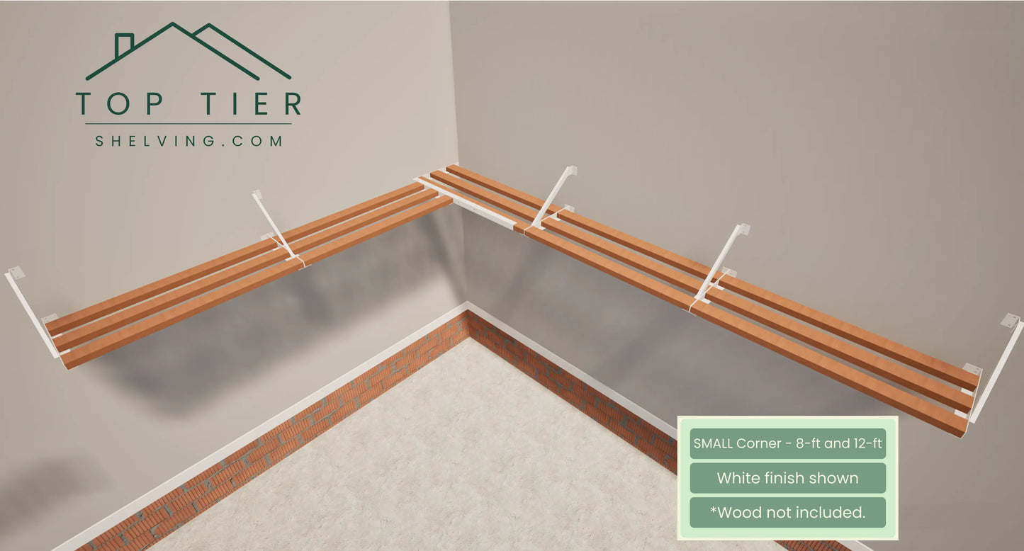 Top Tier Shelving Company Small Corner Garage Storage Shelf 8 feet and 12 feet white finish