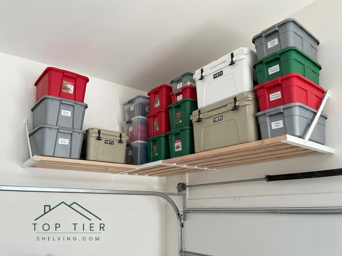 customized garage shelving system installed in apex North Carolina garage