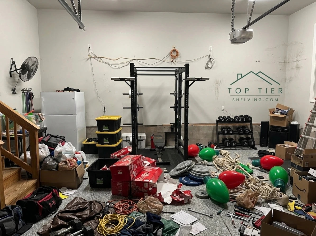 cluttered messy garage unorganized before shelving installation