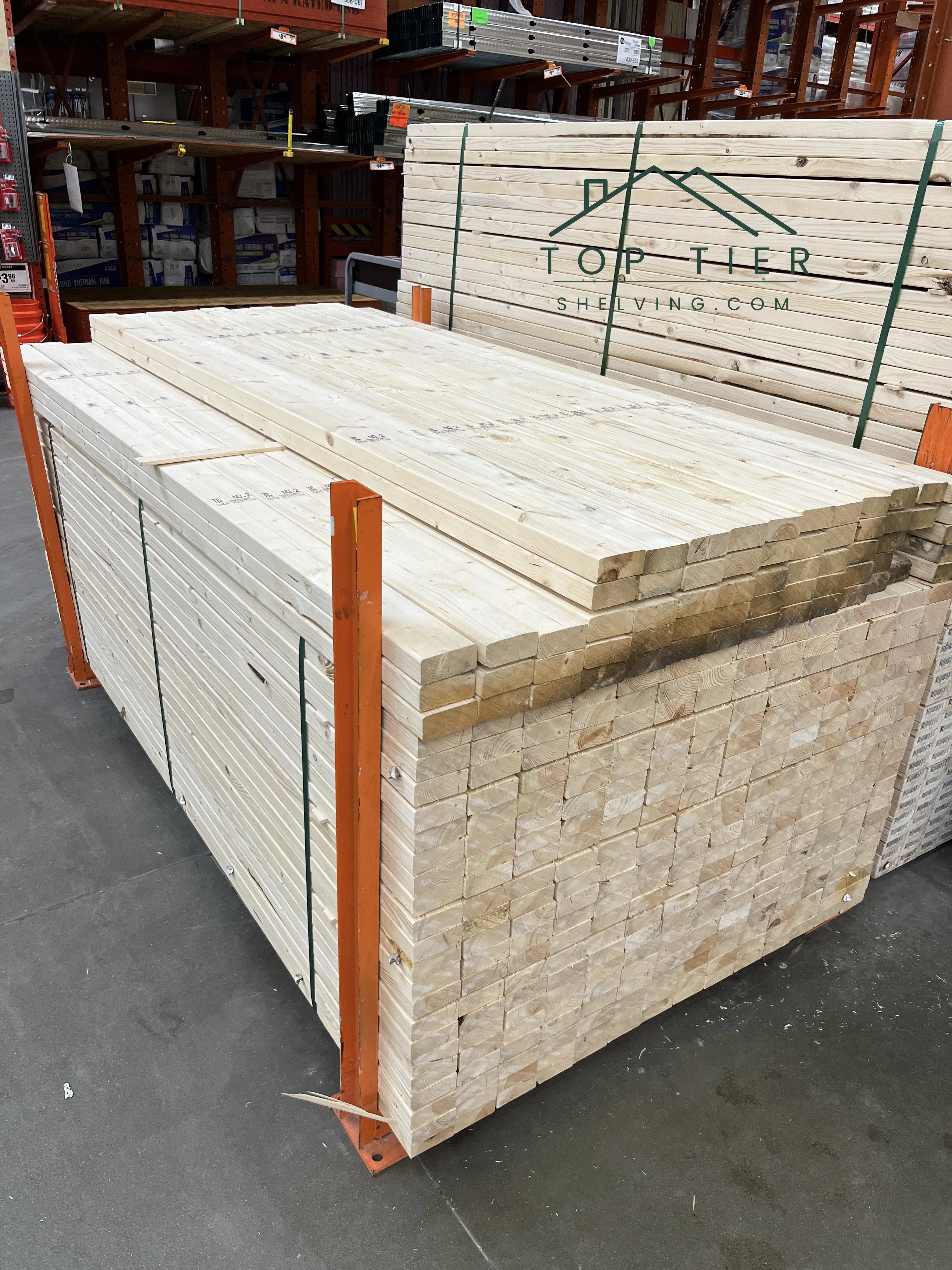 spruce Douglas fir pine boards from big box stores are great for top tier shelving garage storage lumber wood boards