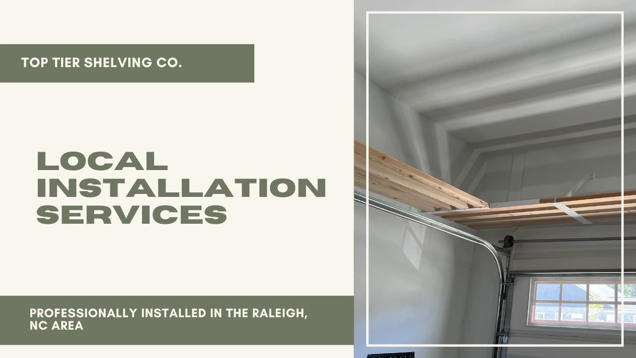 Load video: time-lapse video showing professional installation of Top Tier Shelving company's garage shelves with plastic totes.